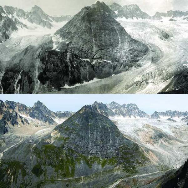 composite of a historic and modern image showing massive shrinkage of a glacier composite of a historic and modern image showing massive shrinkage of a glacier