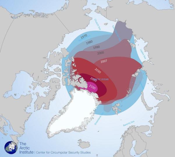 Arctic summer sea ice extent, based on historical satellite records and climate modeling through 2100.